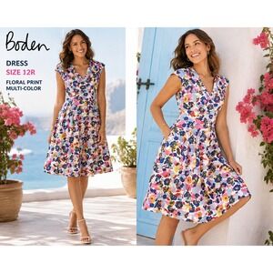 Boden Women 12R Multi Color Floral V Neck Flare Sleeveless Summer Dress W0764